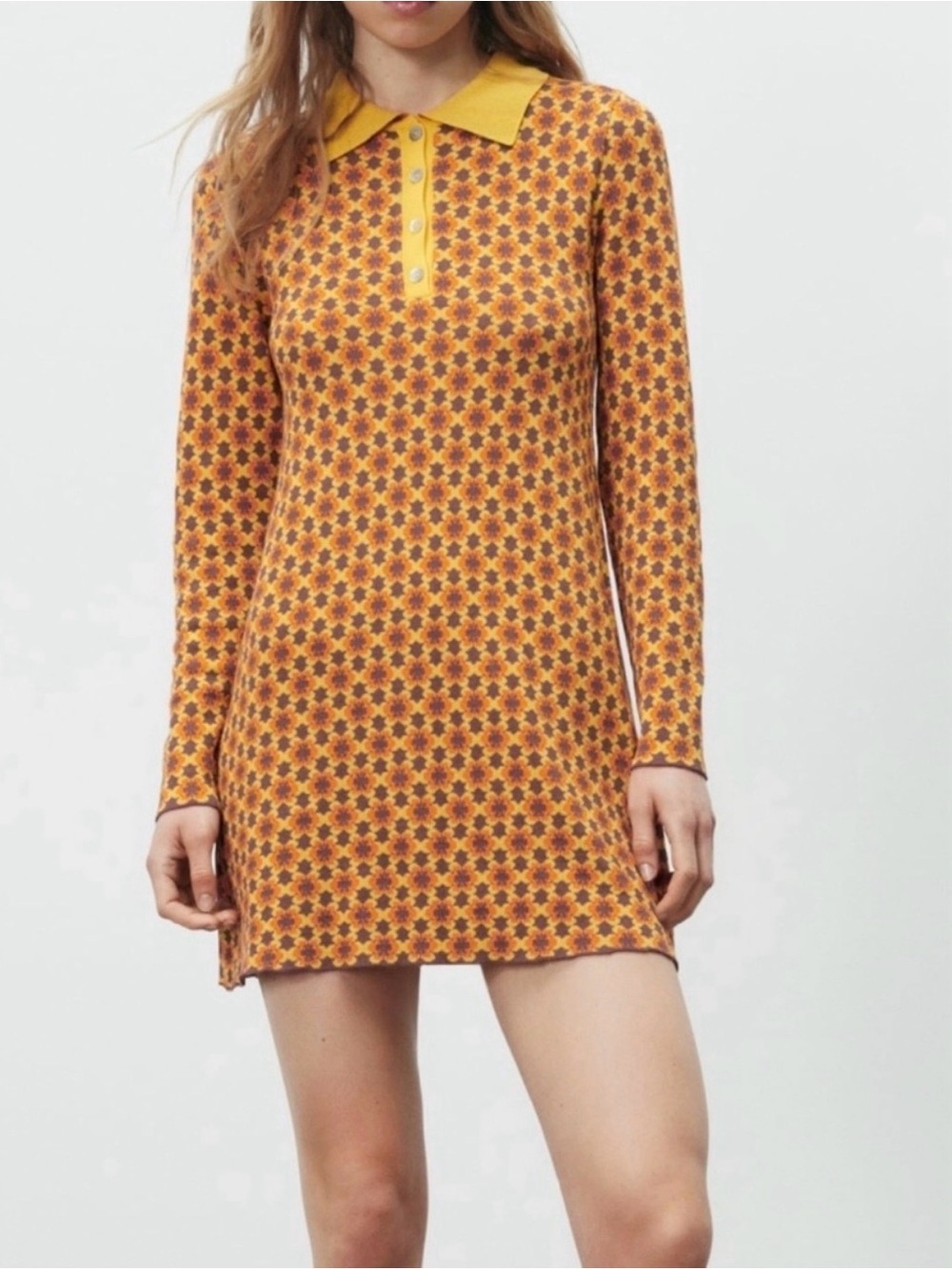 Zara Mustard Floral Knit Polo Mini Dress